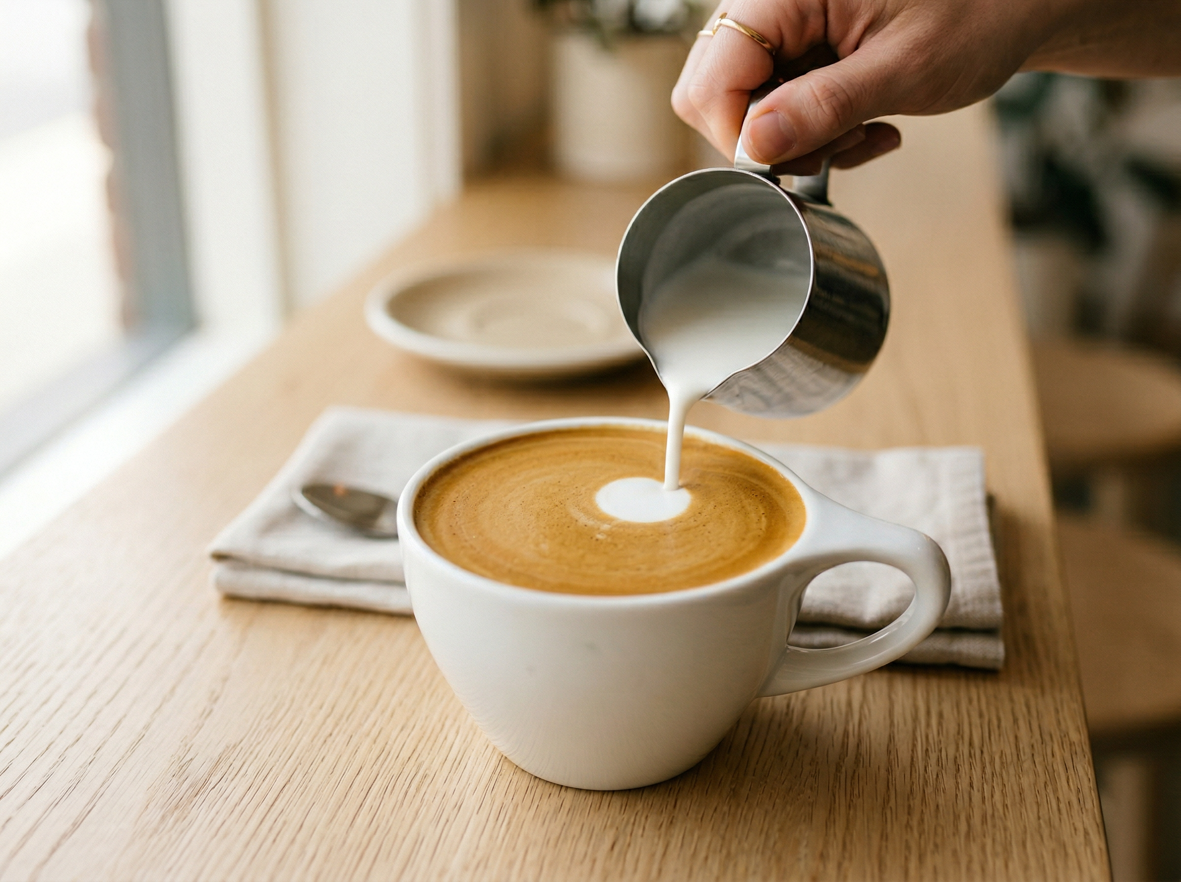 Barista pouring steamed milk into a latte